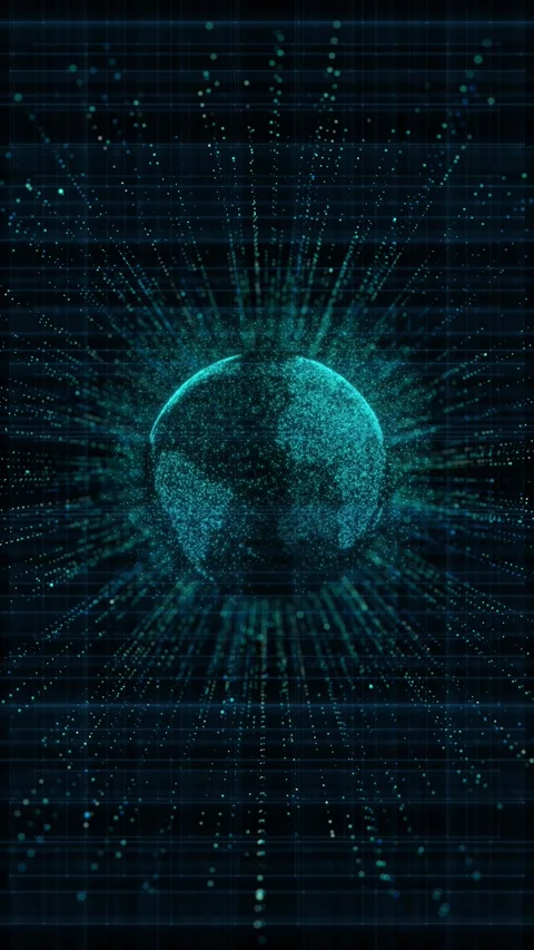 Teal digital particle globe glowing sphere, grid lines, data dots, and radial bu Stock Footage 340557824