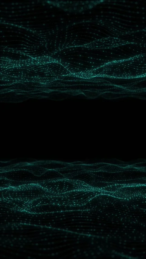 Teal digital wave field background with glowing particle bands, dark depth, and Stock Footage 340549640