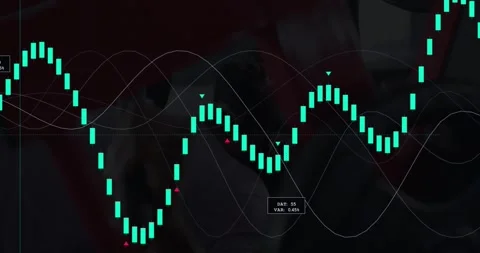 Teal display appearing, overlaying man monitoring cab, waveform building right Stock Footage 332401685