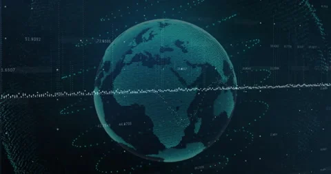 Teal dot globe rotating in dark space, showing waveform data points and floating Video stock 309282460