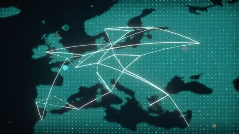 Teal Dot Matrix Europe Map With Dense Digital Economy Connection Mesh Stock Footage 343109414