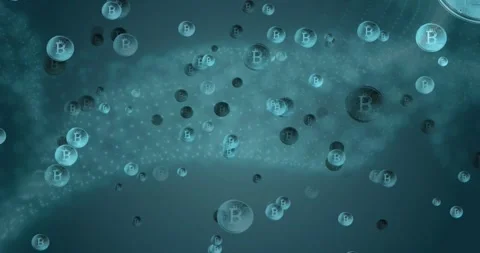 Teal dot mesh undulating, spawning Bitcoin spheres floating, zooming into sphere Stock Footage 329968813