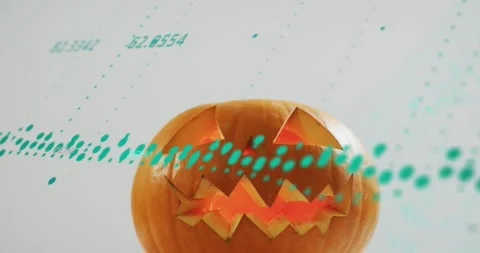 Teal dots entering from left forming pulsing data wave jack-o'-lantern scanning Video stock 316967466