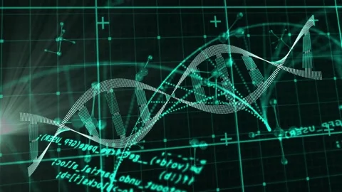 Teal dotted double-helix oscillating, rotating over grid, responding to Stock Footage 329869829