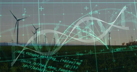 Teal dotted double-helix pattern slicing across dusk field, overlaying wind Stock Footage 309098935