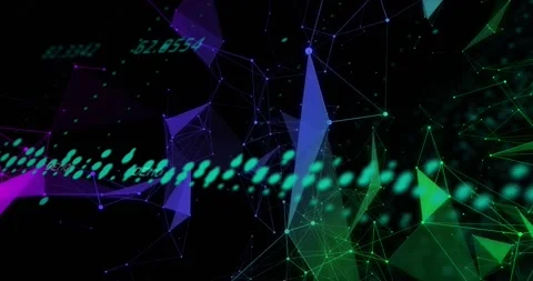 Teal dotted stream shifting while camera moving, facets rotating, numbers Stock Footage 334835617