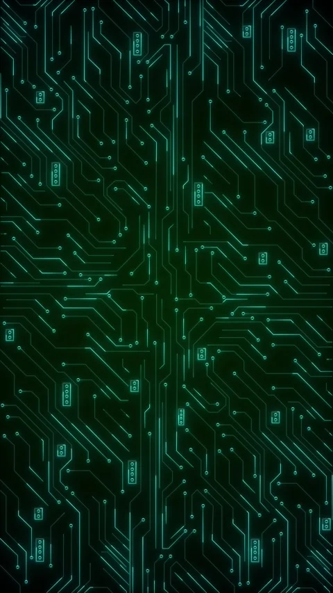 Teal electronic circuit backdrop luminous lines, nodes, dark green board texture Stock Footage 334105317