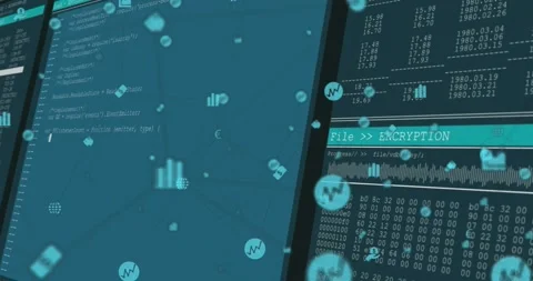 Teal frame shifting to 2-panel UI showing code, icons, waveform, FileENCRYPTION Stock Footage 331820270