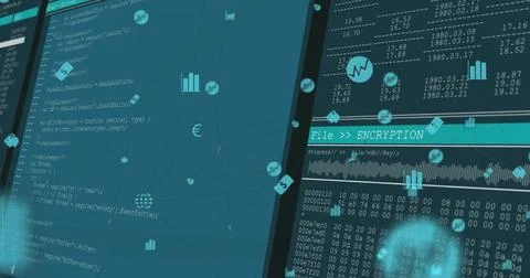 Teal frame shifting to 2-panel UI showing code, icons, waveform, FileENCRYPTION Stock Illustration