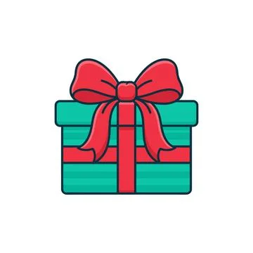 A teal gift box with a red ribbon and bow, isolated on a white background. Si Stockillustratie