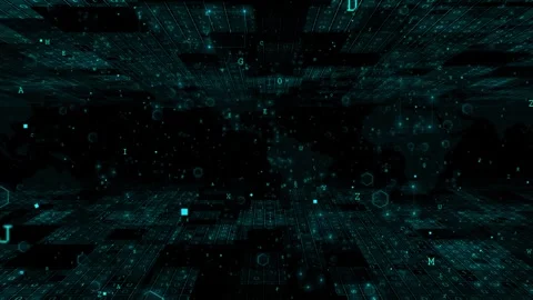 Teal global data matrix animation world map silhouettes, binary tiles, floating Stock Footage 340565104