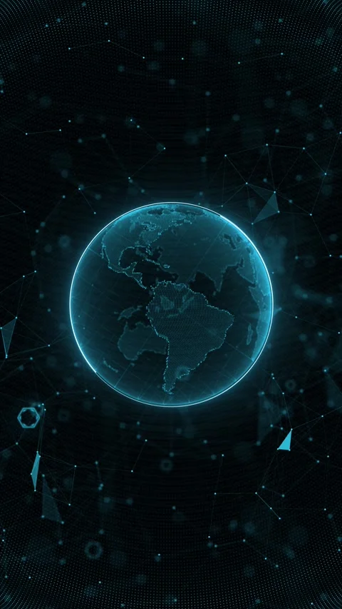 Teal global network globe background with glowing earth, polygon nodes, dotted t Stock Footage 340553029