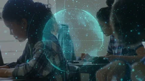 Teal globe appearing and rotating over desks, students writing and tapping, Stock Footage 332956178