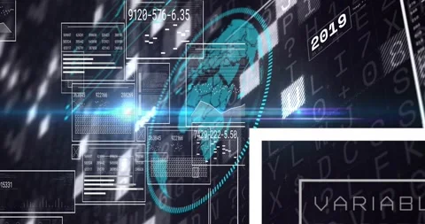 Teal globe appearing center, panels emerging and multiplying, frames sliding, Stock Footage 333900649