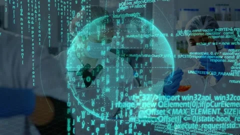 Teal globe appearing, rotating, code flowing while lab staff lifting and Stock Footage 331047823