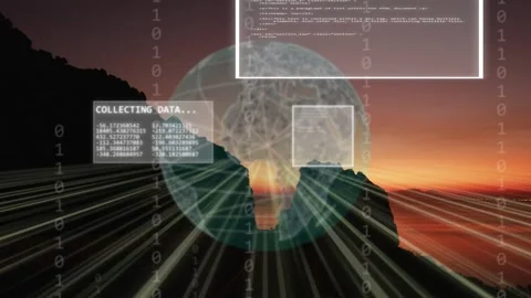 Teal globe rising from right moving spinning while panels sliding showing data Stock Footage 333648632