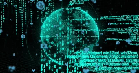 Teal globe rotating, panning revealing streaming code, orbiting icons Stock Footage 330603056
