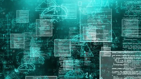 Teal glow emerging left as translucent code diagram windows drifting scaling Stock Footage 315892453