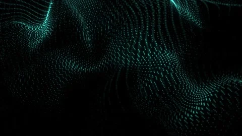 Teal glowing dots form flowing wave patterns on a dark background, creating a Stock Footage 332801845