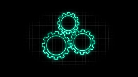 Teal Glowing Gears Interconnected on a Dark Grid Surface cogs mechanism ani.. Stock-Footage 332993366