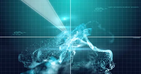Teal grid fading in starting scanning rings pulsing particle figure showing data Stock Footage 309893885
