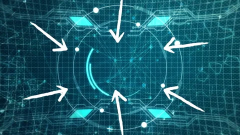 Teal grid filling, interface emitting nodes, arrows pointing inward, sweeping Stock Footage 311678415