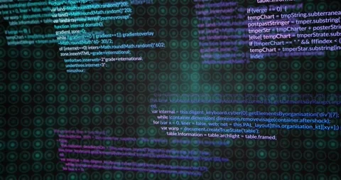 Teal grid glowing, soft glows revealing, cam panning, code sliding and focusing Stock Footage 328446473