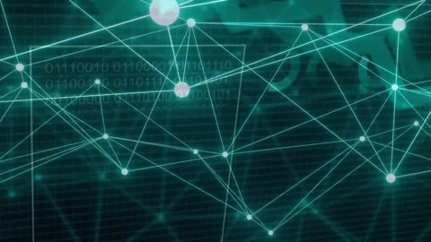 On teal grid node pulsing starting network reorganizing, nodes brightening, Stock Footage 334466231