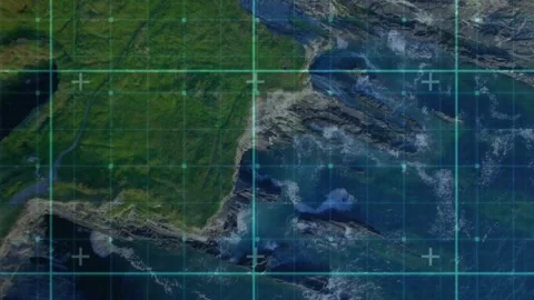 Teal grid overlay initiating scanning on coastline, shifting markers and mapping 스톡 동영상 319801033