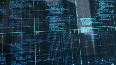 Teal grid overlay streaming across screen, showing glowing nodes and floating Stock Footage 309105381