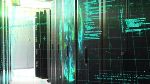 Teal grid rising in server corridor, 3D globe rotating, code streams pulsing Stock Footage 319682679