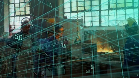 Teal grid sweeping front and raising data, four workers checking molten pool for Stock Footage 334321856