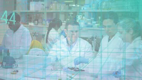 Teal grid sweeping lab initiating scientist inspecting sample tray while Stock Footage 334322215