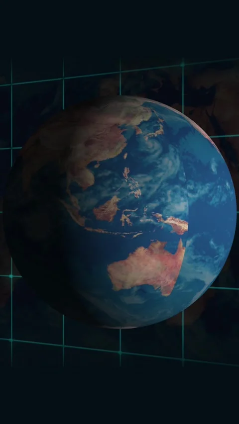 Teal grid under rotating 3d earth globe with world map. 3d earth globe plan.. Stock Footage 344842986