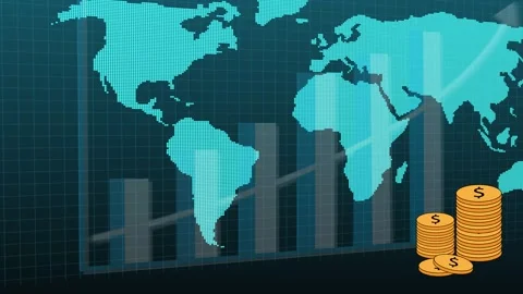 Teal grid world map with bar chart and gold coins delivers dynamic visuals .. Stock Footage 321587916