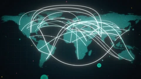 Teal Halftone Dot World Map With Data Exchange Routes And Latitude Grid Video stock 343111303