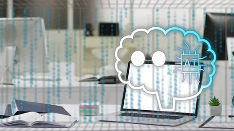 Teal head icon sending message laptop parsing code AI cloud speaking binary then Stock Footage 334728885