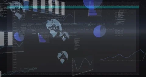 Teal header appearing, dashboard revealing code while globes growing, charts Stock Footage 329454909