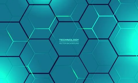 Teal hexagon abstract technology background with green colored bright flashes Stock Illustration