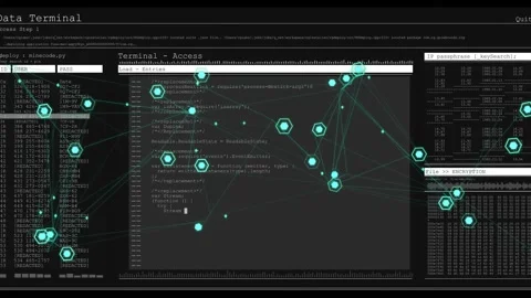 Teal hexes receiving data stream, clustering nodes and populating code editor Stock Footage 333830291