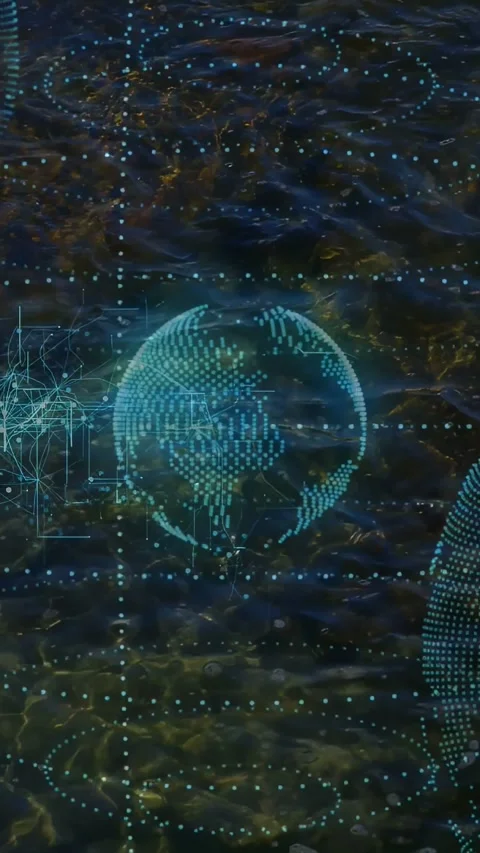Teal holo globe emerging rotating moving dots linking nodes over dark rippled Stock Footage 333036492