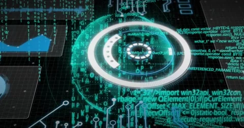 Teal hologram globe forming ring aligning and brightening disc rotating code Stock Footage 320725198