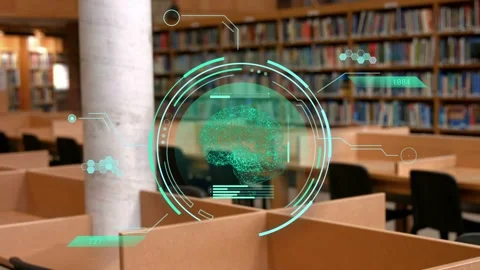 Teal HUD appearing over study carrels, animating rings, forming brain cloud for Stock Footage 333018536