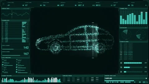 Teal HUD interface with a particle car scan scanning data panels sector radar Vídeo Stock 344793060