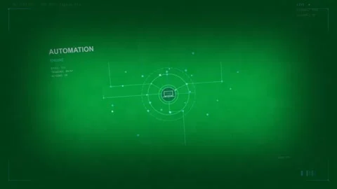 Teal HUD pulsing rings, extending lines lighting nodes showing ENGINE status on Stock Footage 333972148