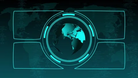 Teal interface displays globe, code, and data panels for analysis. Teal int.. Stock Footage 337368561