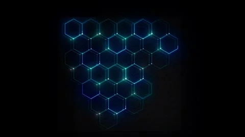 Teal molecular hexagon network loop glowing nodes, connected polygon cells, dark Stock Footage 340565445