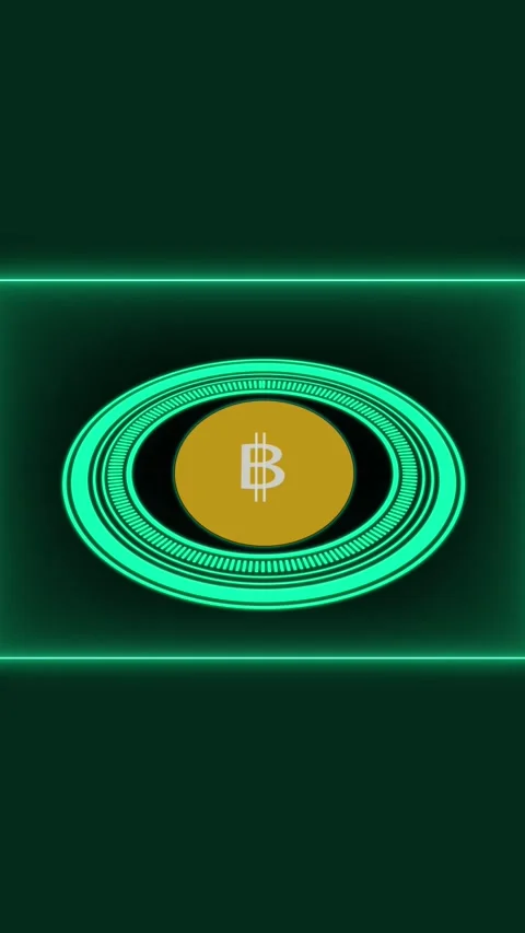 Teal neon bitcoin emblem rotating inside geometric frame. Bitcoin symbol wi.. Stock Footage 344840499
