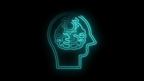 Teal neon human head outline with brain gears mechanism on black background Stock Footage 322974834