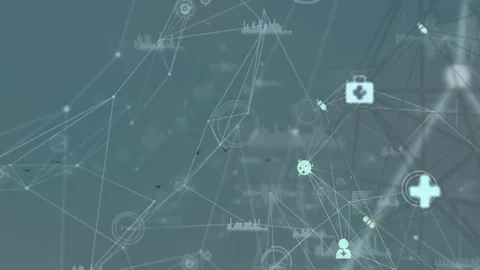 Teal network glowing starting nodes, health icons moving inward pulsing rings Stock Footage 333733179